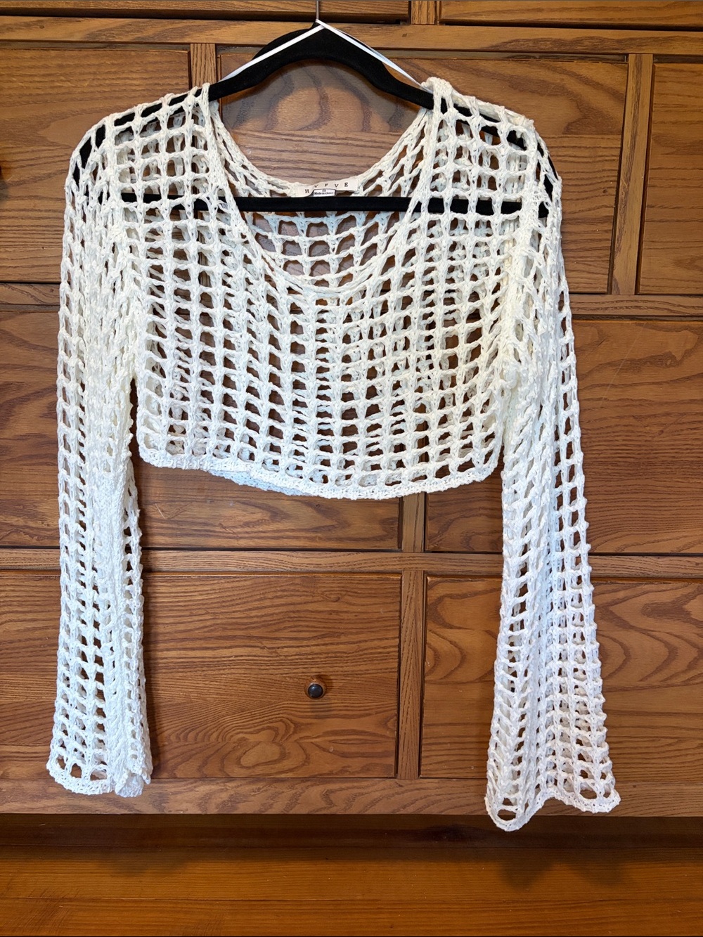 HYFVE White Open Knit Long Sleeve Cropped Top